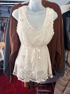 Y2K Crochet Tie-Waist Tank Top - Cream